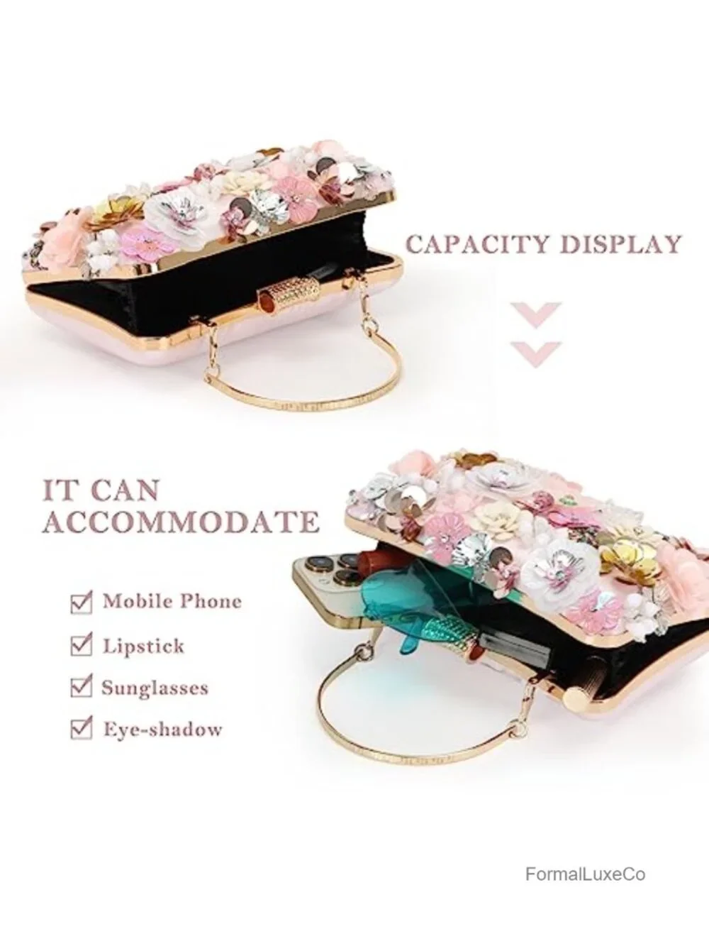 Evening Clutch Handbag with Multi-Colored 3D Flowers and Chain Strap